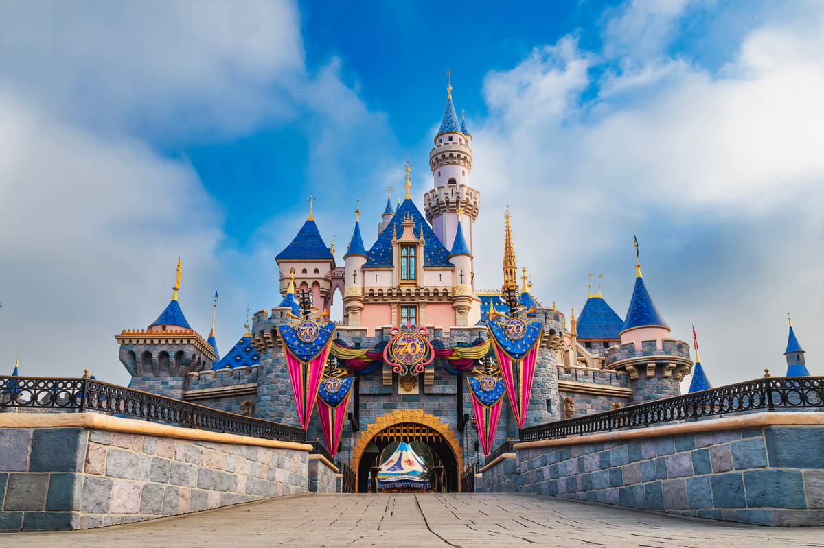 Disneyland Resort Sleeping Beauty Castle Decorated for 70th Anniversary Celebration